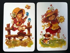 Vintage Swap Cards: Country Girls Dance Play Music Banjo. Puppy Dog Bird Flowers