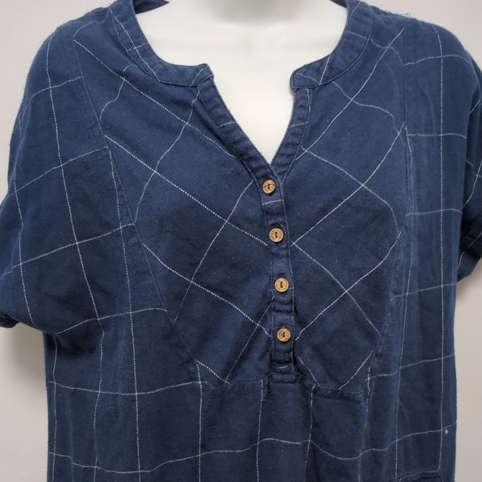Mantaray Blue Check Shift Knee Dress Rolled Short Sleeve Split Neck UK 12 image 3