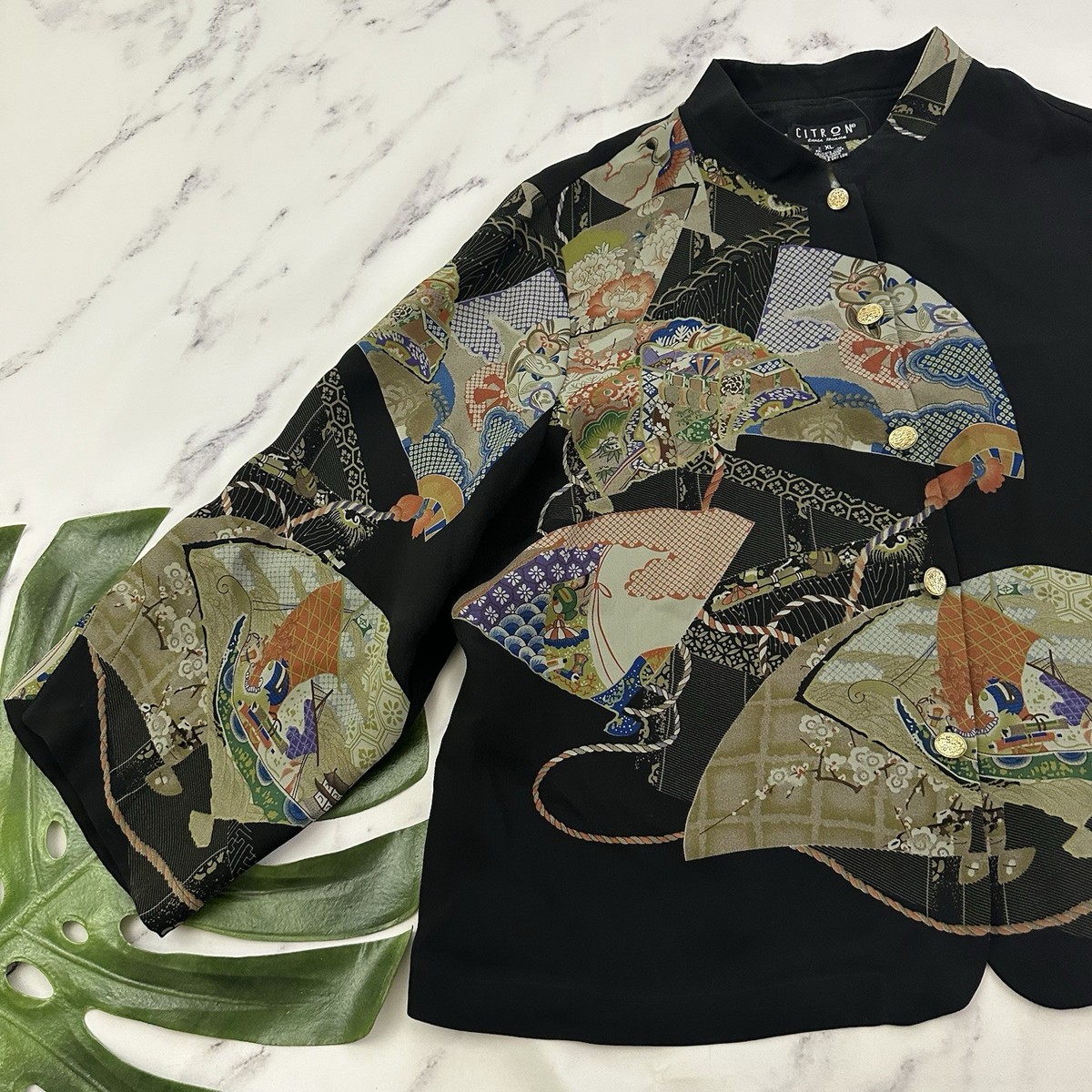 Citron Santa Monica Silk Blouse Top Size XL Black Green Asian Fan Boxy Lagenlook View 4