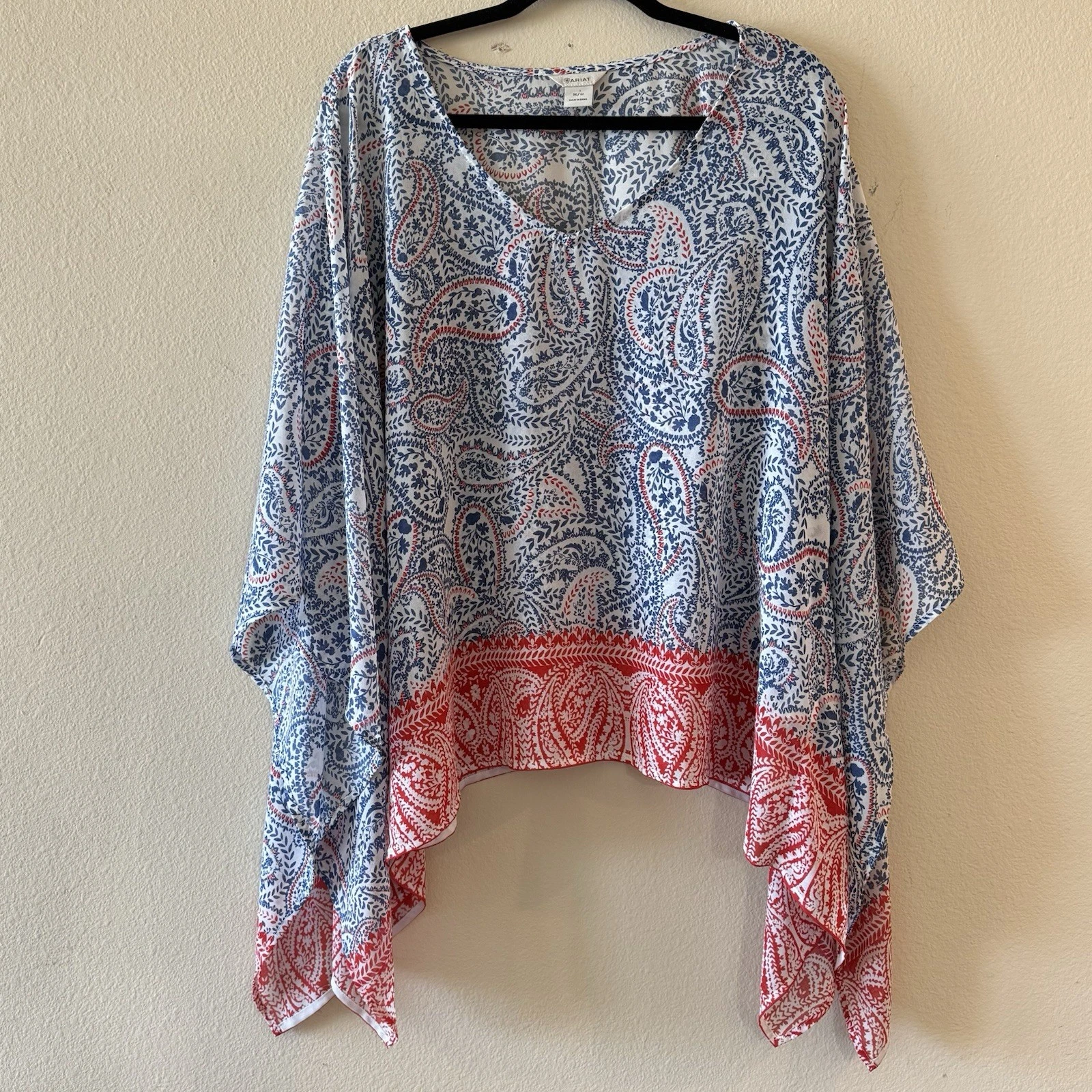 Ariat Womens Paisley Kimono Poncho Top Red Blue Western Boho Medium