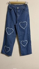 SHEIN Girls Straight Blue Denim Jeans Elastic Waist Embroidered Heart 11Y