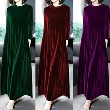 Retro Womens Long Sleeve Dress Velvet Round Neck Casual Loose Maxi Long Gown