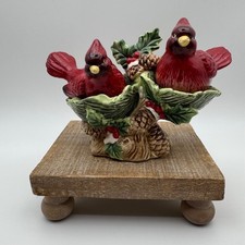 Vintage Red Cardinal Salt and Pepper Shakers with Holly Berry Pinecone Base Set