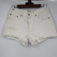 Levis Women  s 501 Button Fly Raw Hem White High Rise Denim Jean Shorts Size 27