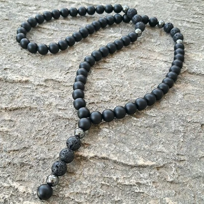Y Kette Echt  Schwarz Onyx Lava perlen 10mm Stein Handgemacht Herren Geschenk - Bild 1 von 4