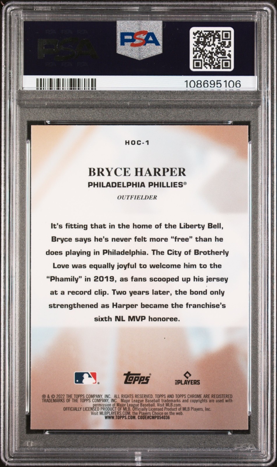 2022 TOPPS CHROME HEART OF THE CITY #HOC1 BRYCE HARPER PSA 10 view 2