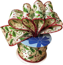 Christmas Holly Mistletoe Wired Ribbon - 2 1/2" X 10 Yards