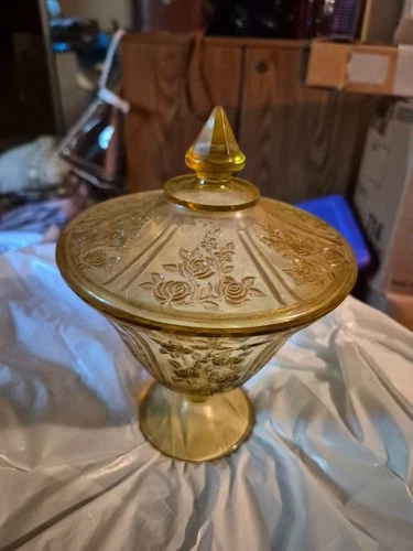 6" mayfair gold rose Depression glass dish with lid