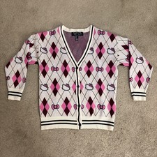 Hello Kitty X Forever 21 Womens Small Cardigan Sweater Argyle Sanrio Cream Pink