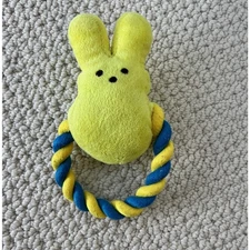 PEEPS Yellow Bunny Plush Small Dog Chew Toy 6" Rope Squeaker Fetch For Pets