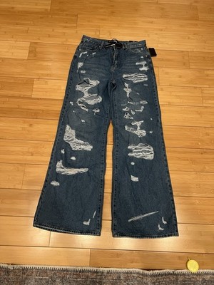 Fashion Nova Tall Super Destroyed Wide Leg Jeans, Med Blue Wash, Size 11 Tall