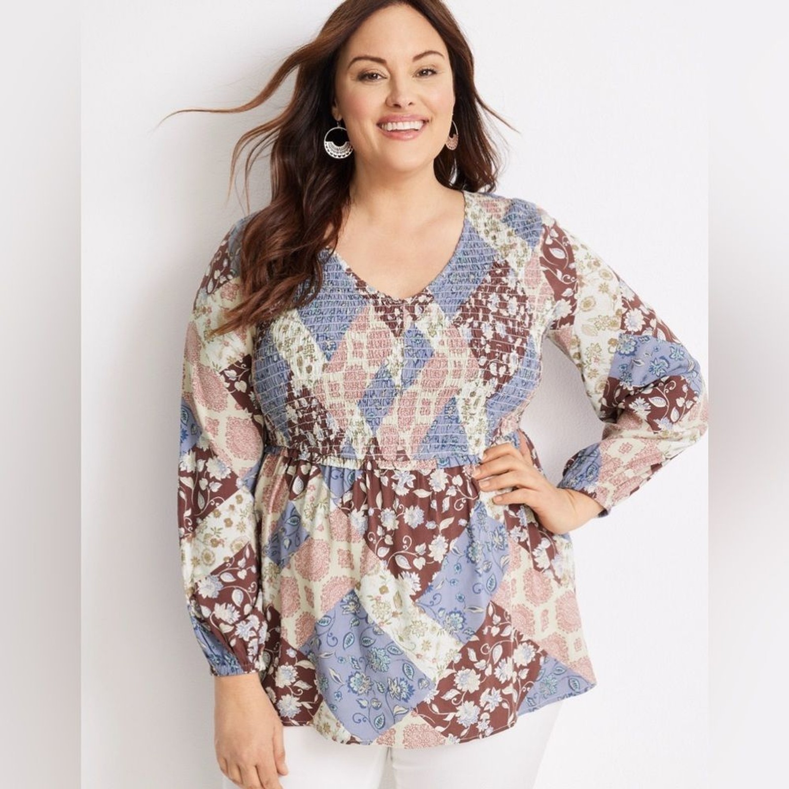 Maurice’s plus long sleeve boho patchwork smocked… - image 1