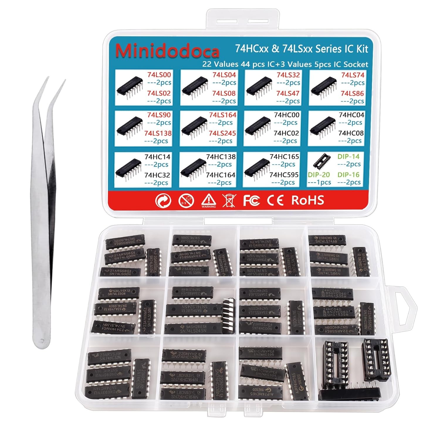 49Pcs 25 Types 74HCxx and 74LSxx Series Logic IC Assortment Kit & IC Socket,Mini