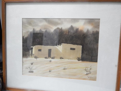 SGND VINTAGE WATER COLOR PAINTING ADOBE SANTA FE DESERT NATIVE NEW MEXICO