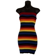 Urban Outfitters Retro Rainbow Stripe Rib Knit Dress Sm Strapless Pride Dopamine