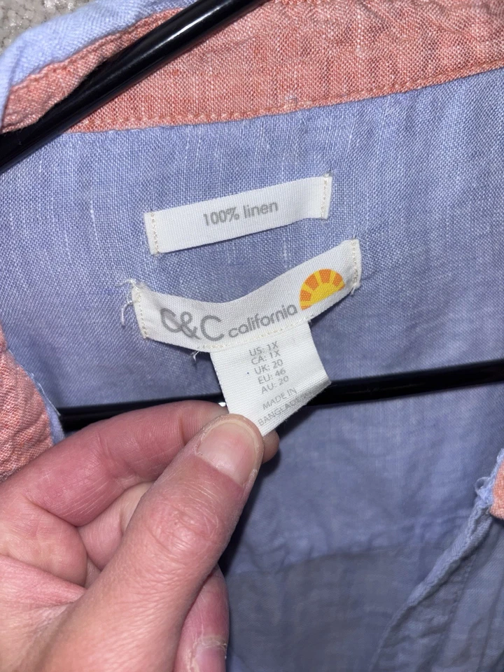 C&C California Linen Shirt Women's 1X Blue Button Up Blouse Roll Tab Sleeves - Image 4 of 4