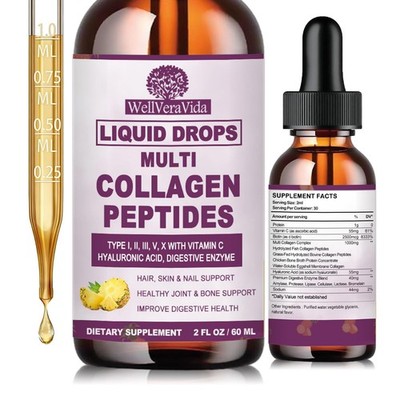 Multi Collagen Peptides Liquid Drops, 2oz   Types I, II, III, V, X, Hydrolyzed C