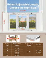 Cat Door for Window, Adjustable to Fit Window Width 27"-32", White