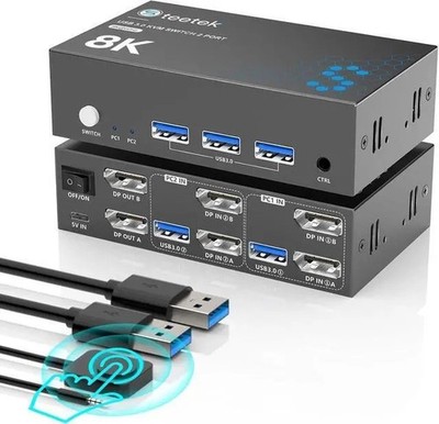 8K Displayport KVM Switch 2 Monitors 2 Computers, 8K@60Hz Dual KVM Switch for 2