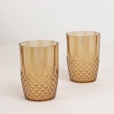 6 AMBER GOLD 16 oz Crystal Cut Plastic DRINKING GLASSES Tumblers Party Events