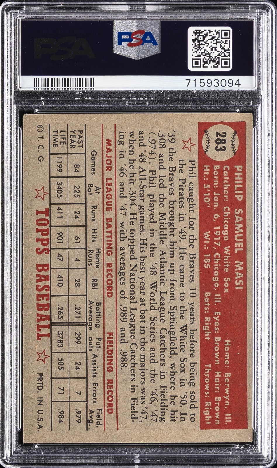 1952 TOPPS #283 PHIL MASI PSA 6 view 2