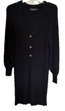 MIROL V NECK BLACK RIBBED KNIT THREE BUTTON BLACK CARDIGAN SWEATER DRESS SIZE L