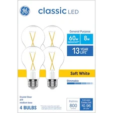 GE Classic LED 60 Watt Replacement, Soft White, A19 General Purpose Bulbs (4 Pa