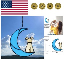 Stained Glass Dog Memorial on Blue Moon Window Hanging Suncatcher, Loss of Do...