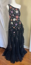 Mac Duggal Black Sheer Floral Beaded Corset Back Evening Gown 14 Formal Dress