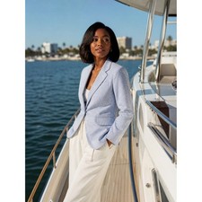 Brooks Brothers Blue White Seersucker Blazer 6P Petite Preppy Chic Summer Jacket