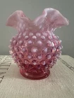 FENTON Vintage Cranberry Opalescent Ruffle Edge Hobnail Bowl 3.5" Vase
