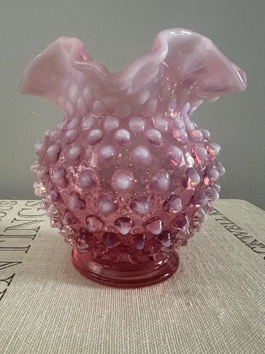 FENTON Vintage Cranberry Opalescent Ruffle Edge Hobnail Bowl 3.5" Vase