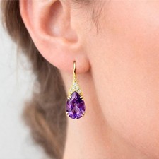 Pear Created Amethyst Teardrop Earrings 14KT Yellow Gold Plated