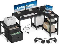 Corner Desk with Drawers, 140×80 cm L Shaped Computer Desk with Storage Shelves