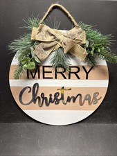 Merry Christmas Round MDF Door Sign Holiday Decor Rustic Wall Art 15  