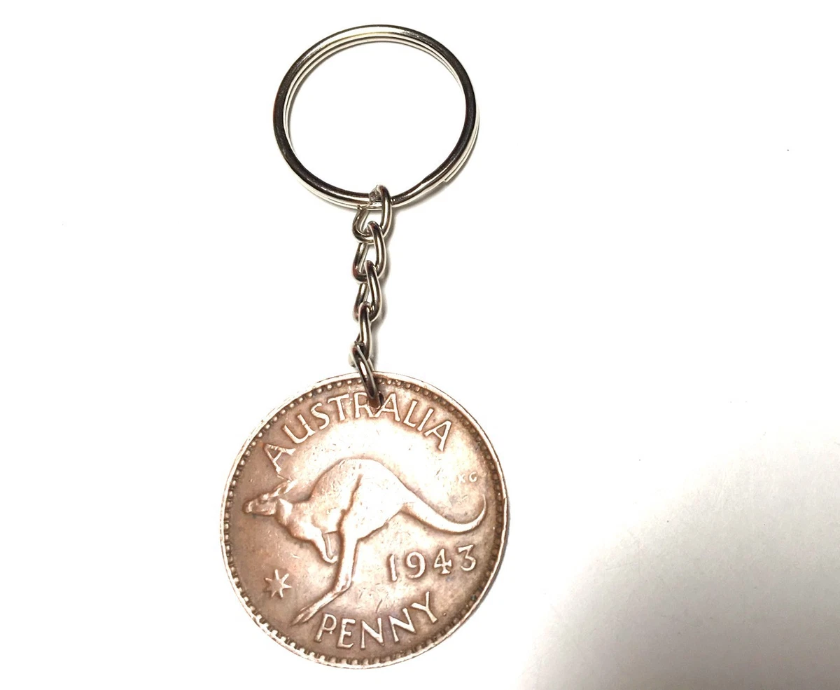 Australian 1943 Penny Kangaroo Keychain and Ring Memorabilia. Souvenir Keepsake