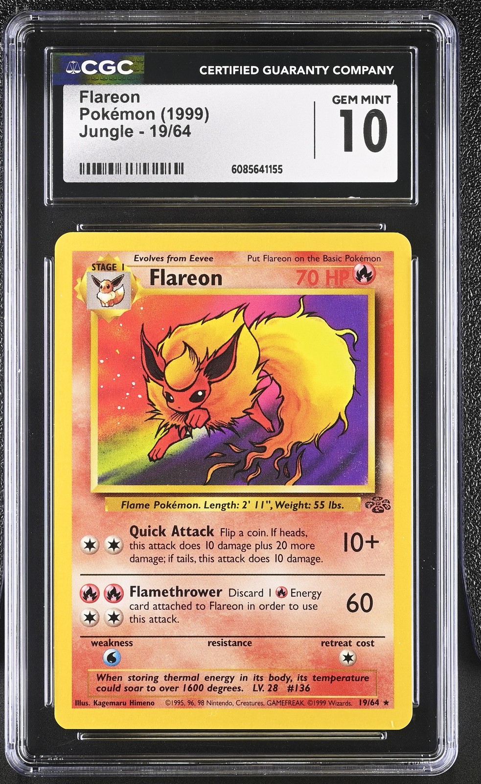 CGC 10 GEM MINT Flareon 1999 Jungle 19/64 Pokemon Card