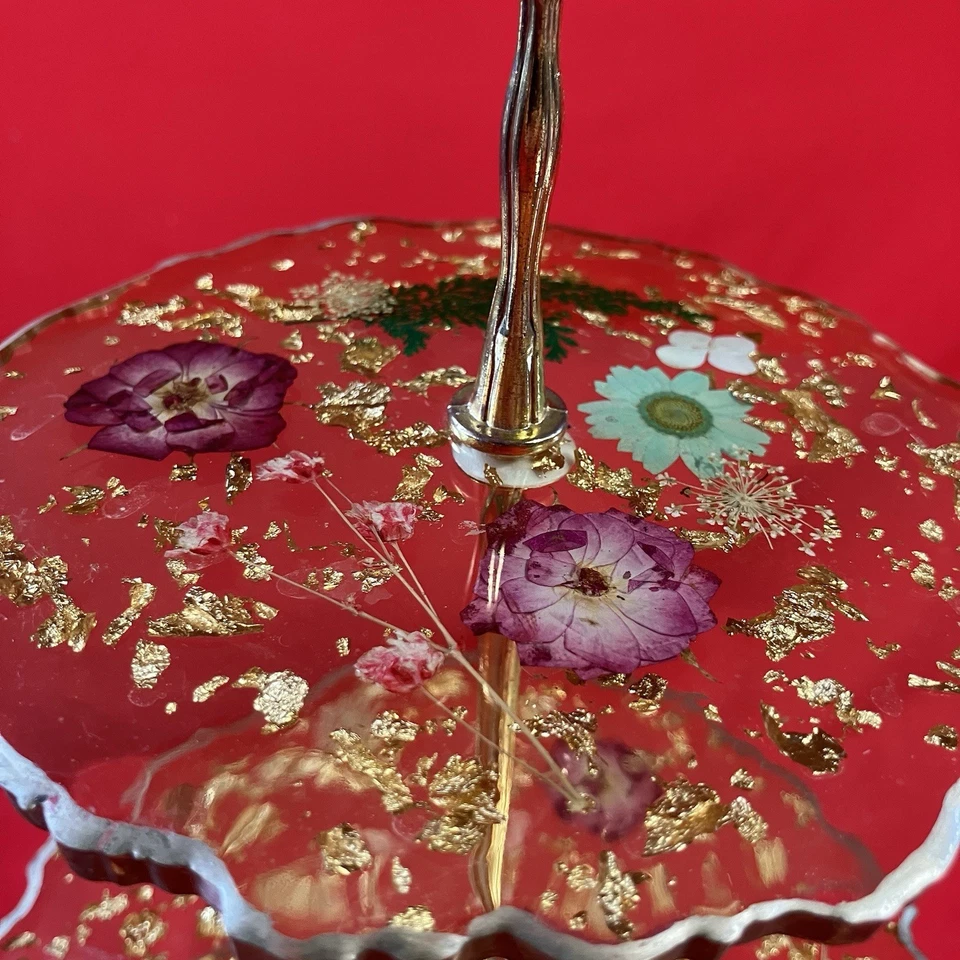 1 - Bandeja para servir vintage de flores secas de acrílico de 3 niveles / copos de oro / fiesta / defecto Foto 4 de 4