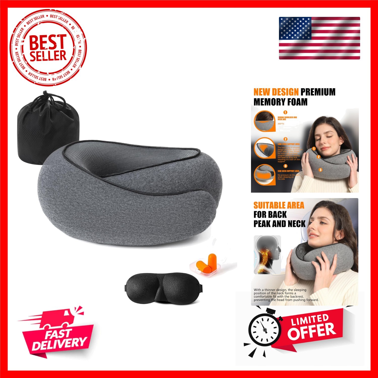 Memory Foam Travel Neck Pillow for Head Support & Comfortable Sleep-image