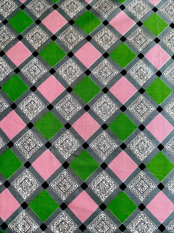 Vtg Checked/Plaid Cotton Fabric W36”xL5.6Yds Black Pink Green & Design Squares - Image 3 of 4