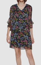 Calvin Klein Women's Black Floral 3/4-Sleeve Printed Chiffon Shift Dress Size 4