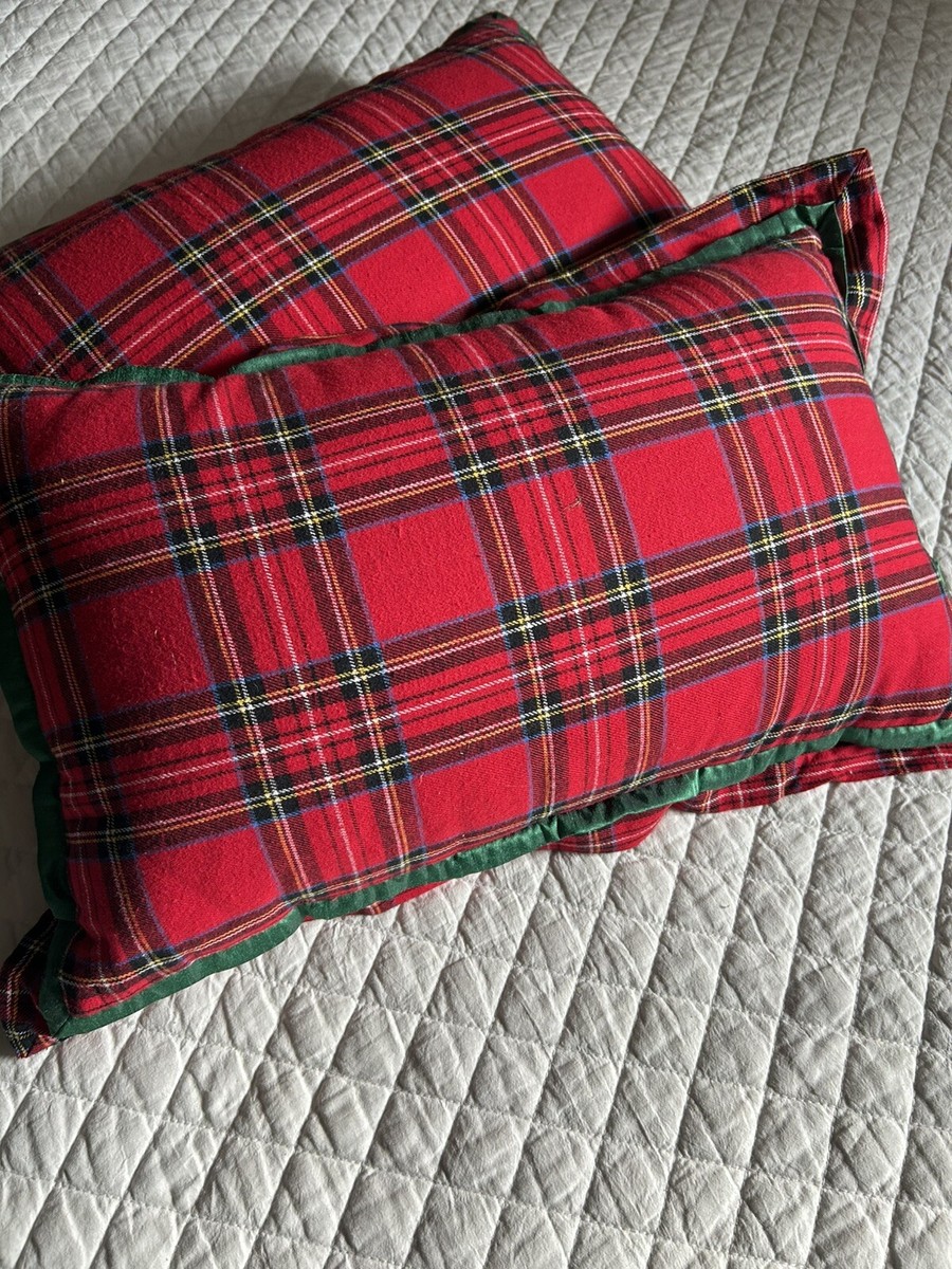 Pier Tartan Plaid Holiday Pillow Covers Flannel Red Green Ribbon Trim  22x15