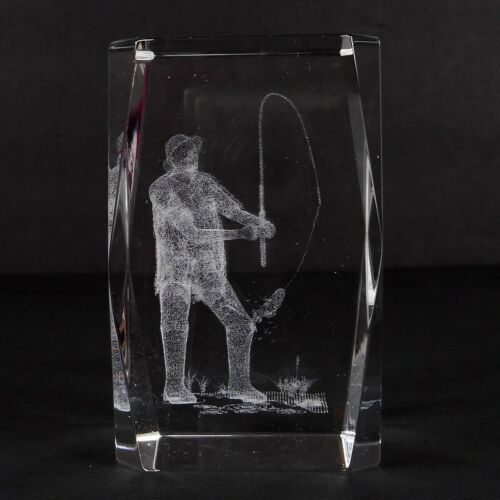 Unbranded Paperweight Clear Crystal Glass Laser Etched 3d Fisherman Fishing - Picture 1 of 8