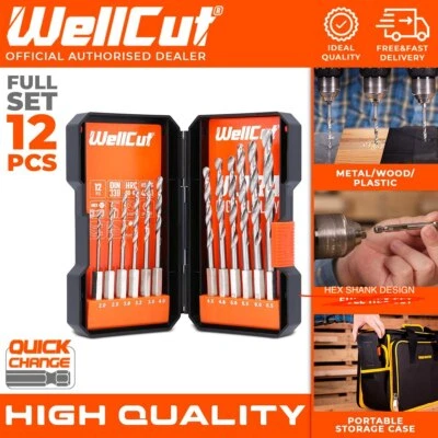 WELLCUT HSS Twist Drill Bit Set Metal Wood Plastic 1/4" HEX Shank 2.0-6.5mm w/ Case