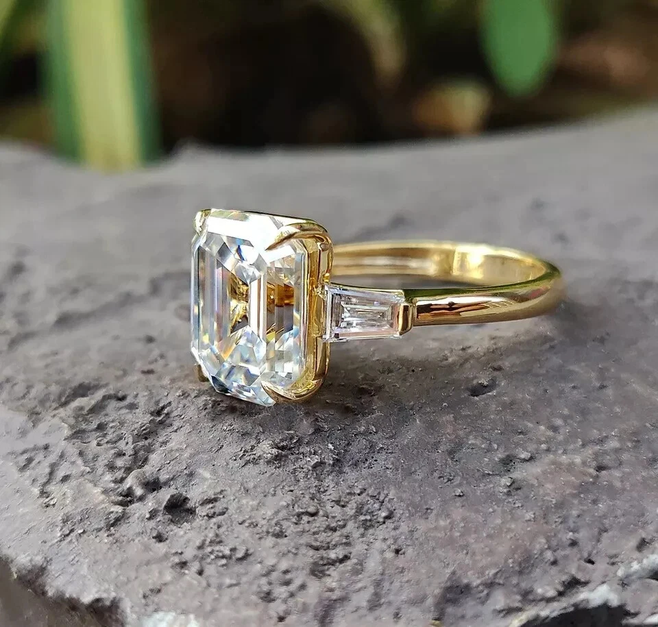 Women 3 CT Emerald Cut Moissanite Wedding Engagement Ring 14k Yellow Gold Plated