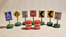 7 Wood Toy Road Signs  2 Barrels Compatible with brio/thomas/ others -Preowned