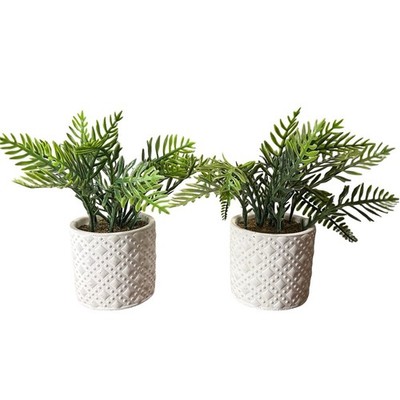 2 Artificial Boston Fern Plants White Textured Ceramic Vase Set Botanical Home