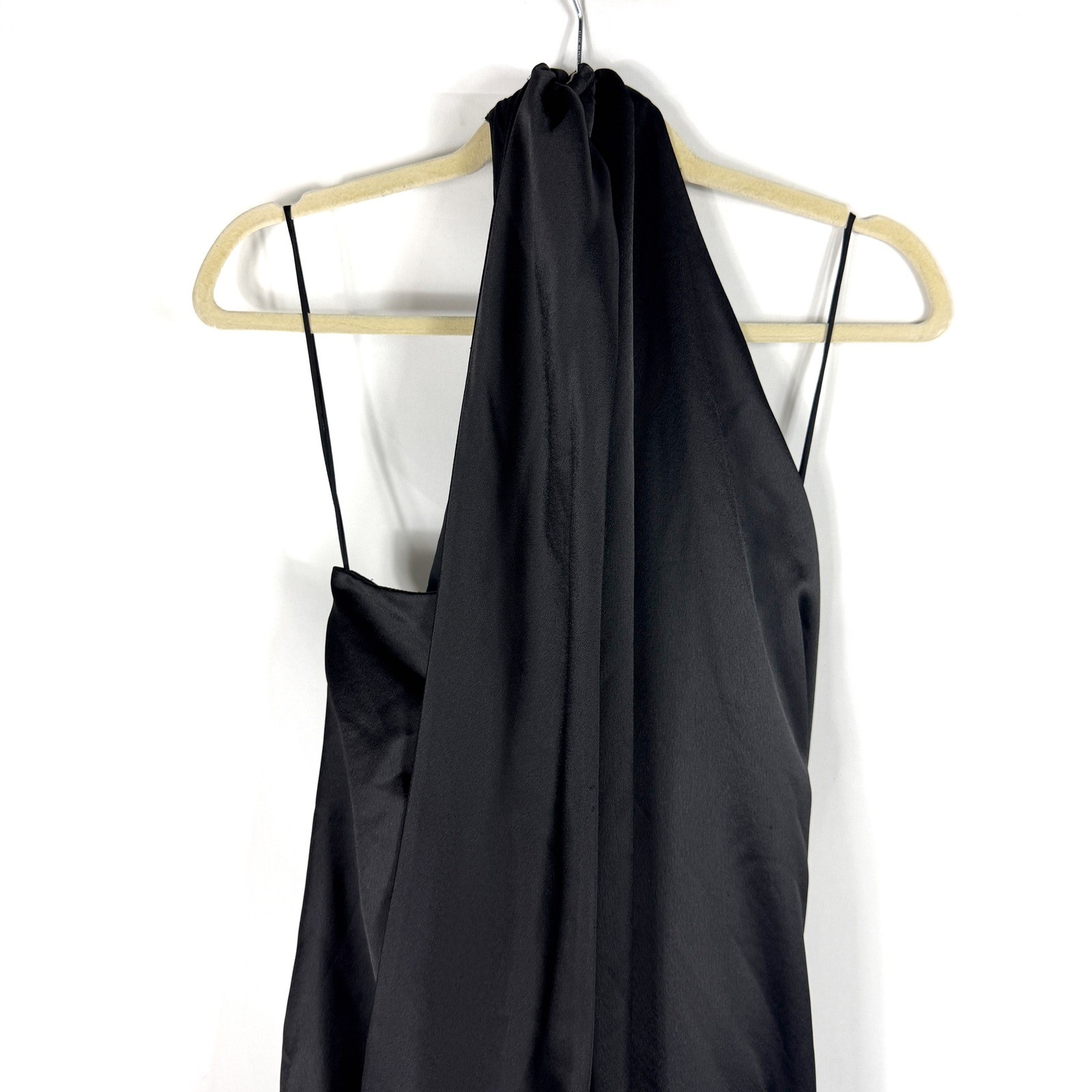 Arias Asymmetrical Midi Dress Black Draped Satin Halter Sash Womens Sz 12 image 7
