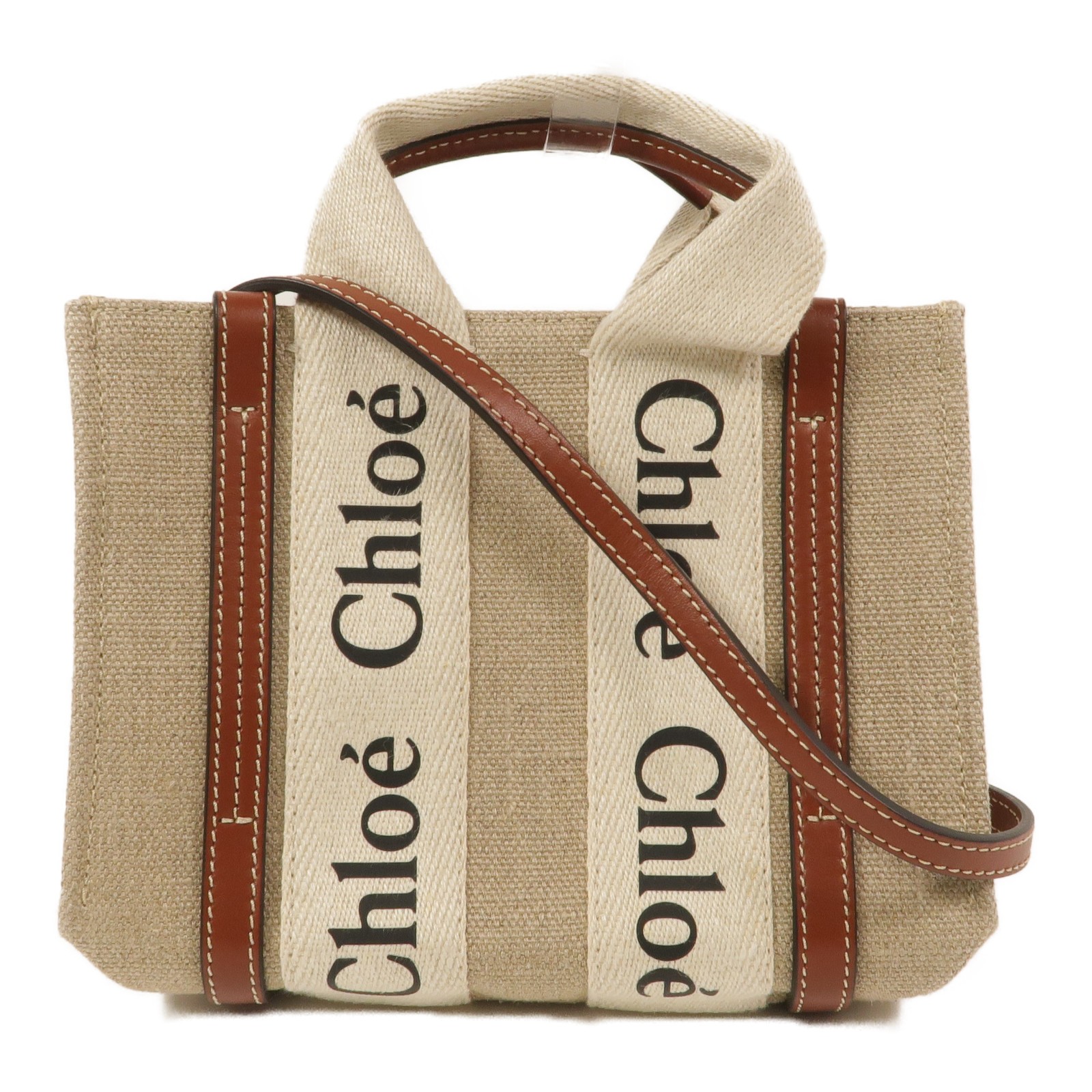 CHLOE Woody Tote Bag Mini 2 Way Shoulder Bag Canvas Brown Beige