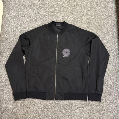 Antioch Mens Bomber Jacket Uk M Black White Circular Graphic Logo Chest And Back